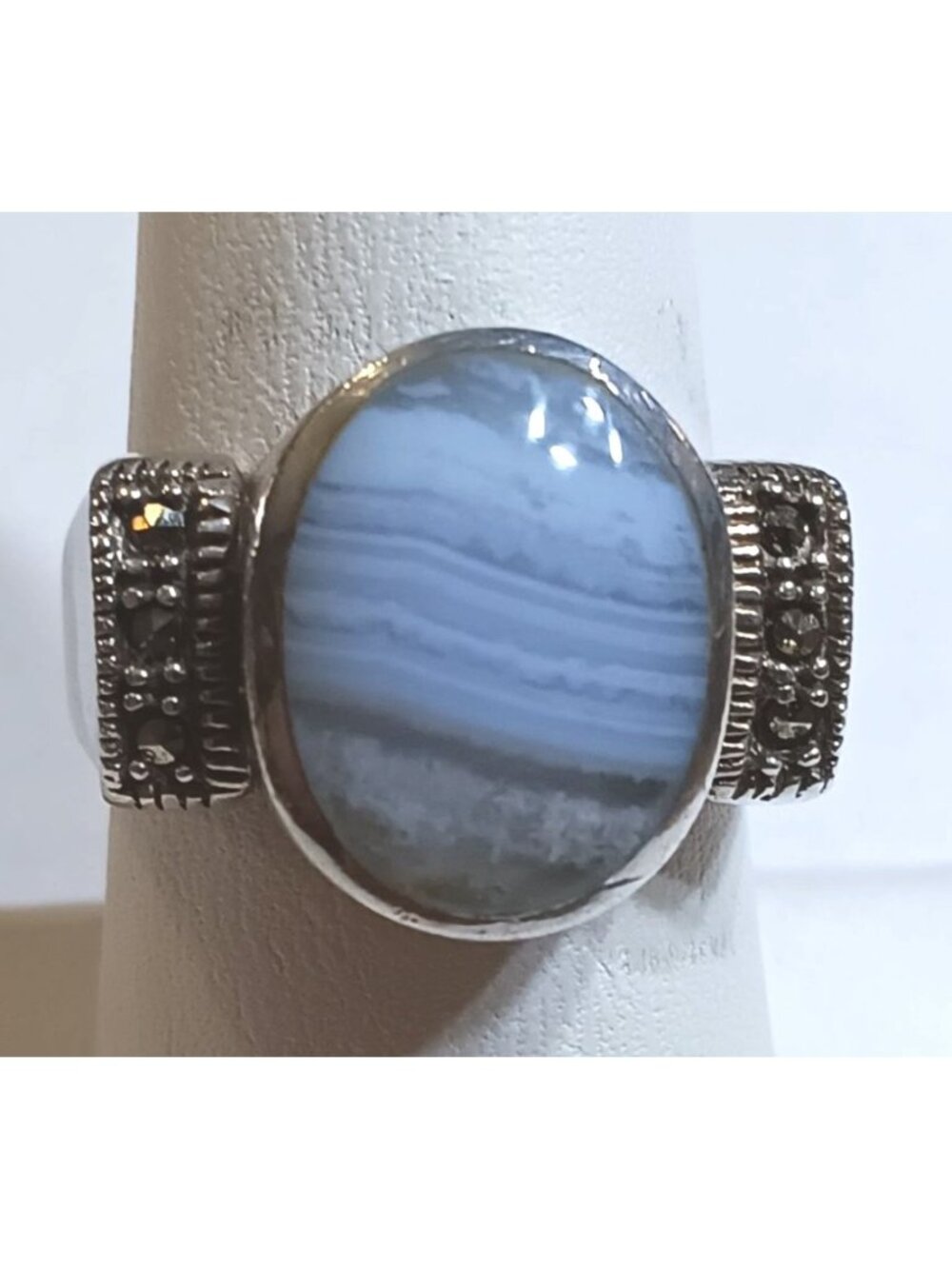 Ring Oval Blue Lace Agate .925 Sterling Taxco Size 8.5